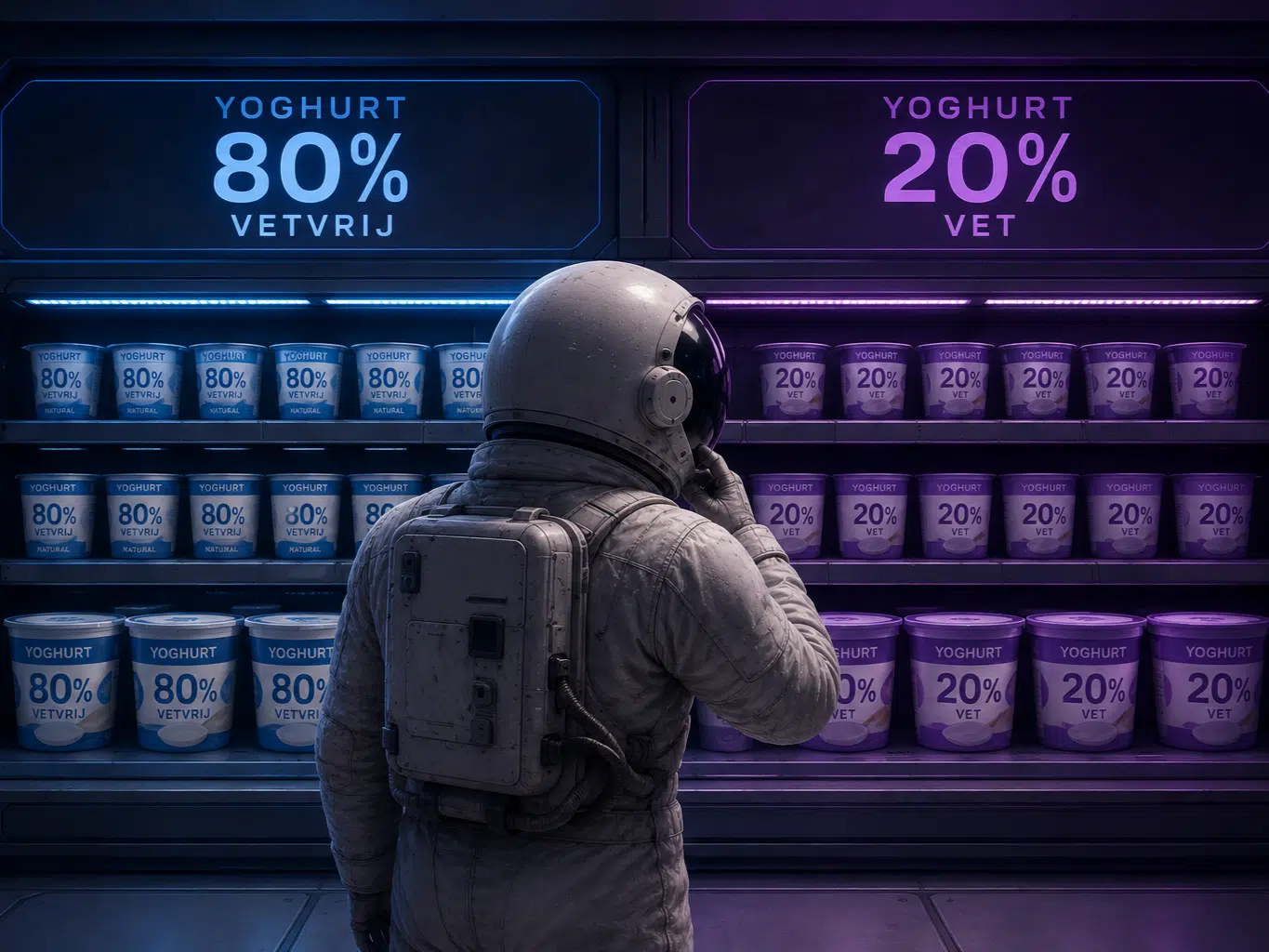 Astronaut in futuristische supermarkt kiest tussen yoghurt met 80% vetvrij (blauw) en 20% vet (paars) - framing effect illust