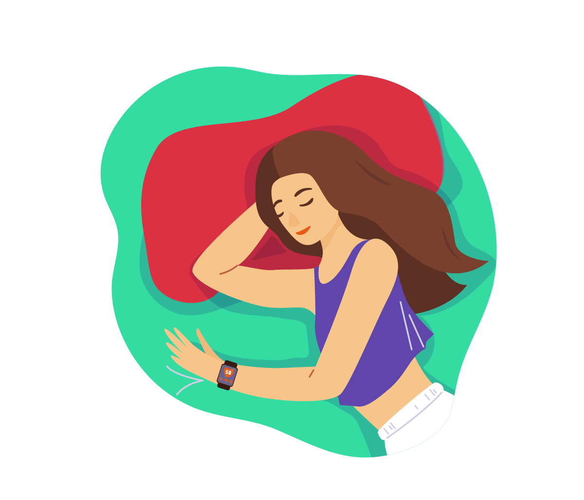 voordelen van telewerken slapen: Een vrouw die rustig slaapt met een smartwatch om haar pols, tegen een kleurrijke achtergrond.