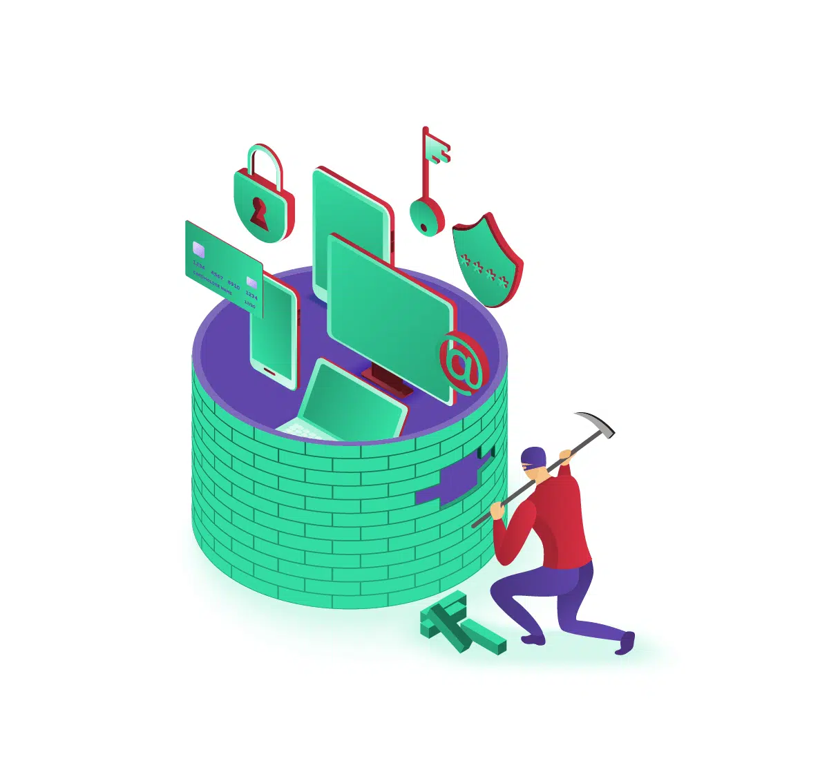 voordelen van telewerken cybercriminaliteit: Een hacker die een muur probeert te doorbreken, waarbij verschillende digitale iconen zoals een sleutel, een slot, en schermen te zien zijn.