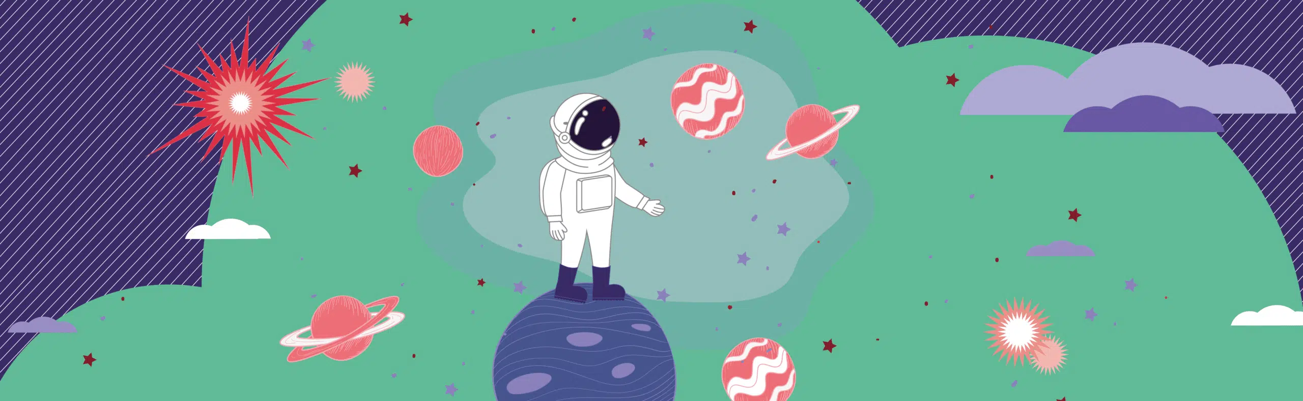 Illustratie van een astronaut omringd door planeten, sterren en een groene achtergrond.