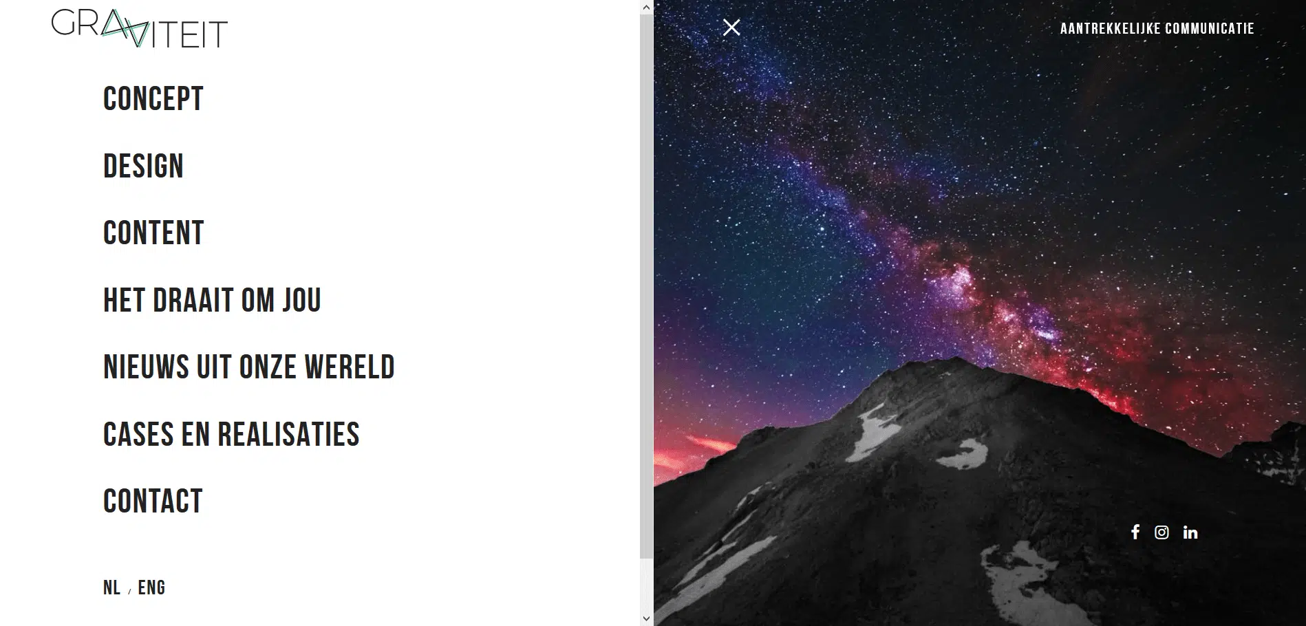 Website navigatiemenu van Gravitiet - Navigatiemenu van de website van Gravitiet, met opties voor concept, design, content en contactinformatie, met een achtergrond van een sterrenhemel.