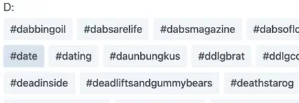 Screenshot van een selectie hashtags die beginnen met de letter D, zoals #date en #deadinside - toont hoe hashtag hacks ook thematisch of alfabetisch kunnen worden toegepast.
