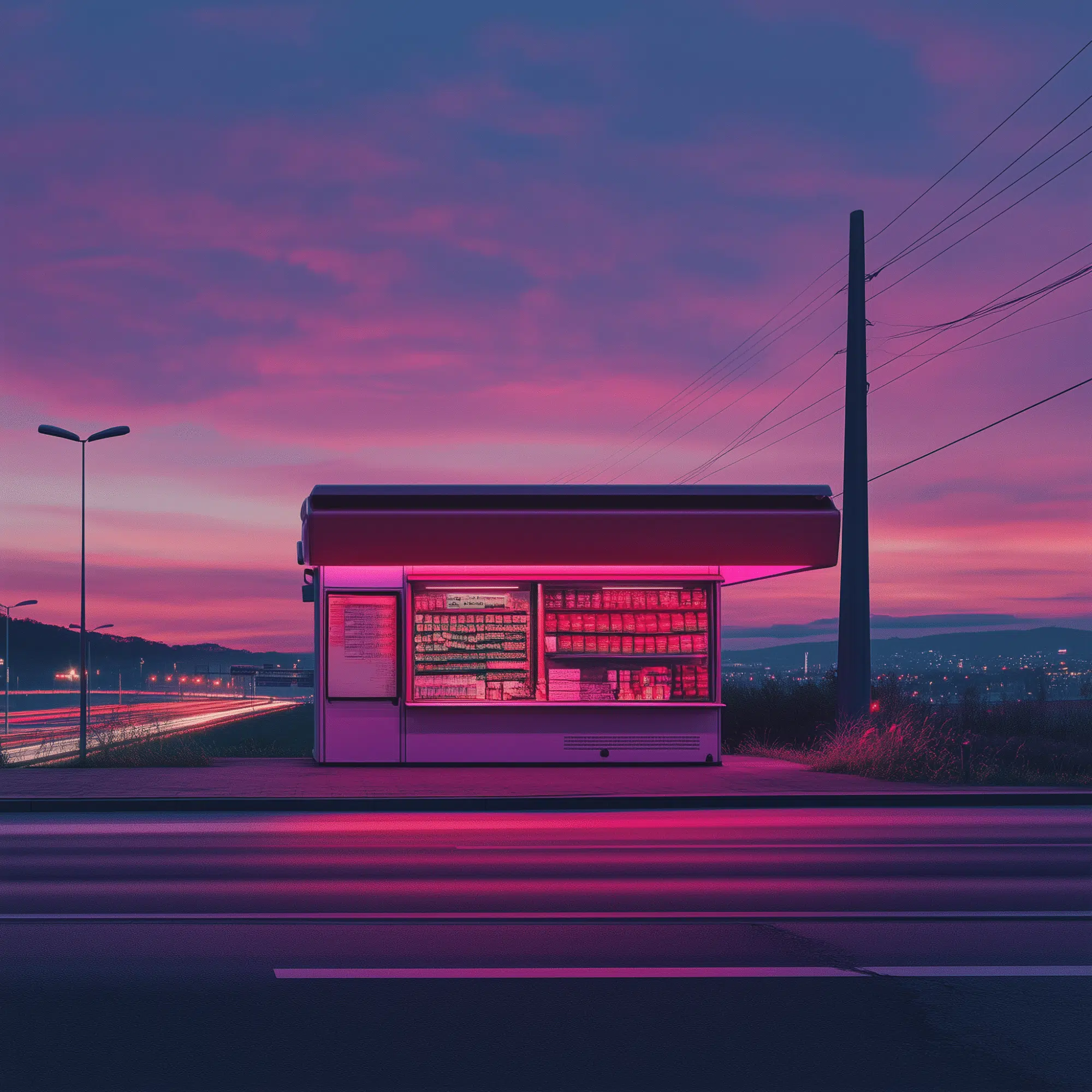 Een afbeelding voor de blog met tips om je social media te boosten met een kleine kiosk aan de kant van een weg bij zonsondergang of zonsopgang. De lucht heeft een prachtige mengeling van roze en paarse tinten, die ook reflecteren op de kiosk. De kiosk zelf is fel verlicht met neonlicht, wat een warme en uitnodigende gloed afgeeft. In de verte zijn stadslampen en een lichtspoor van auto's op de snelweg zichtbaar, wat een gevoel van beweging en stedelijke omgeving geeft.