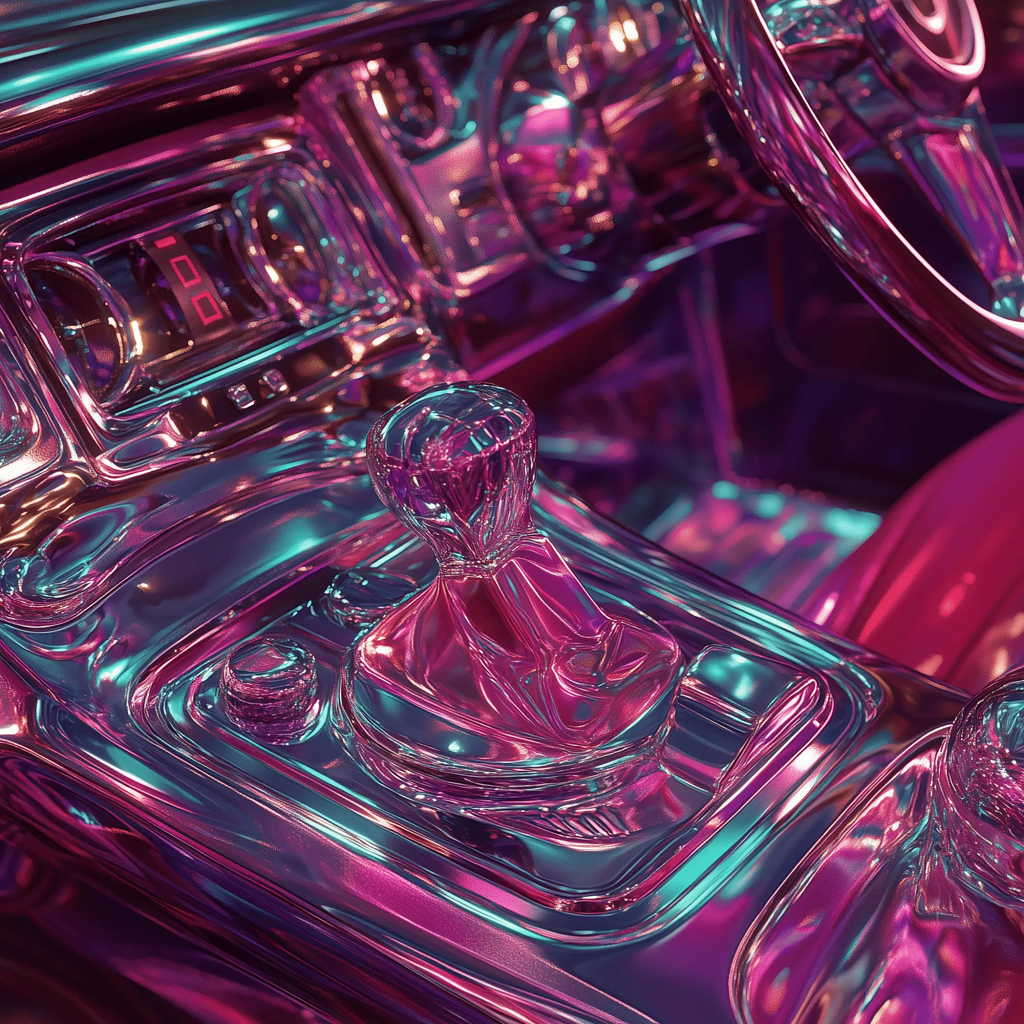 Een afbeelding voor de blog met tips om je social media te boosten die toont een close-up van het interieur van een auto, met de nadruk op de versnellingspook en het dashboard. Het interieur is verlicht met een kleurrijke, neonachtige gloed, die varieert van roze tot blauw. Dit geeft de afbeelding een futuristische en glanzende uitstraling, waarbij de details van de auto helder en sprankelend worden weergegeven.