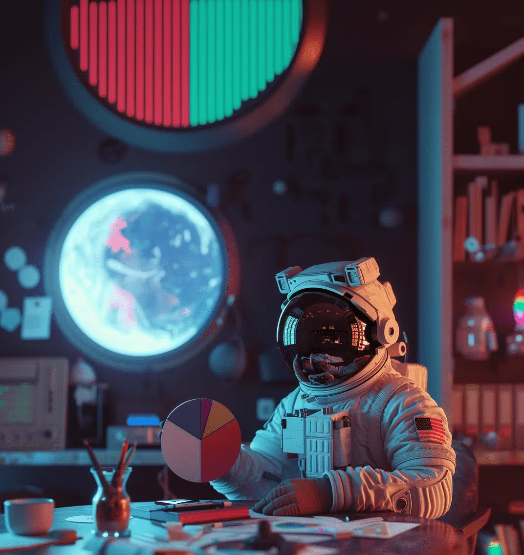Een astronaut toont ons een overzichtelijk taartdiagram. Deze astronaut is duidelijk fan van accurate statistieken.