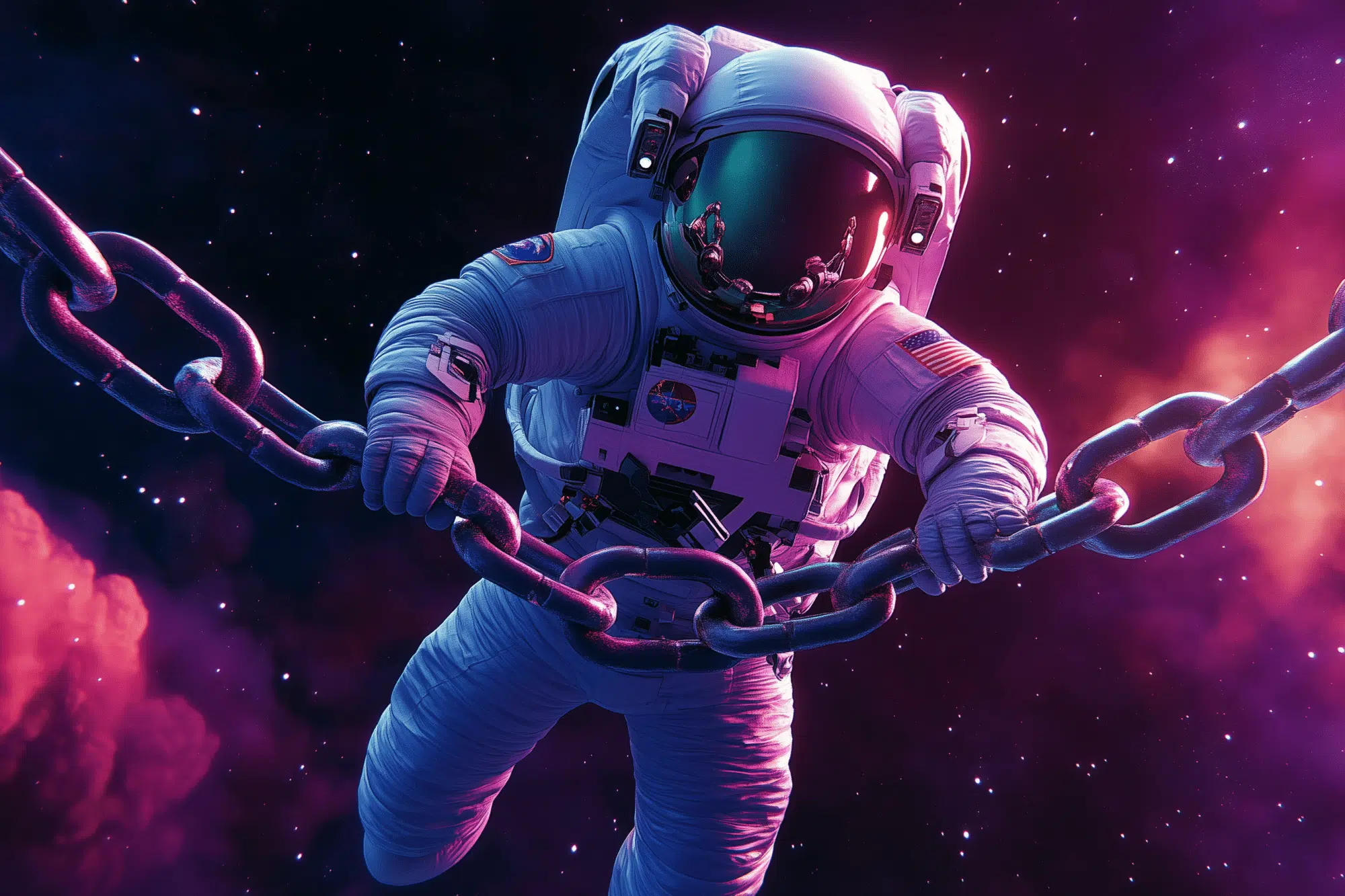 An astronaut floating in space, firmly gripping a massive chain that stretches across the vast cosmos. The deep, starry background contrasts with the astronaut’s suit, illuminated by vibrant pink and purple hues, symbolizing the strength and connections that bind us even in the most expansive and unknown territories. This powerful visual illustrates the importance of linkbuilding strategies that hold everything together, even in the infinite digital space.