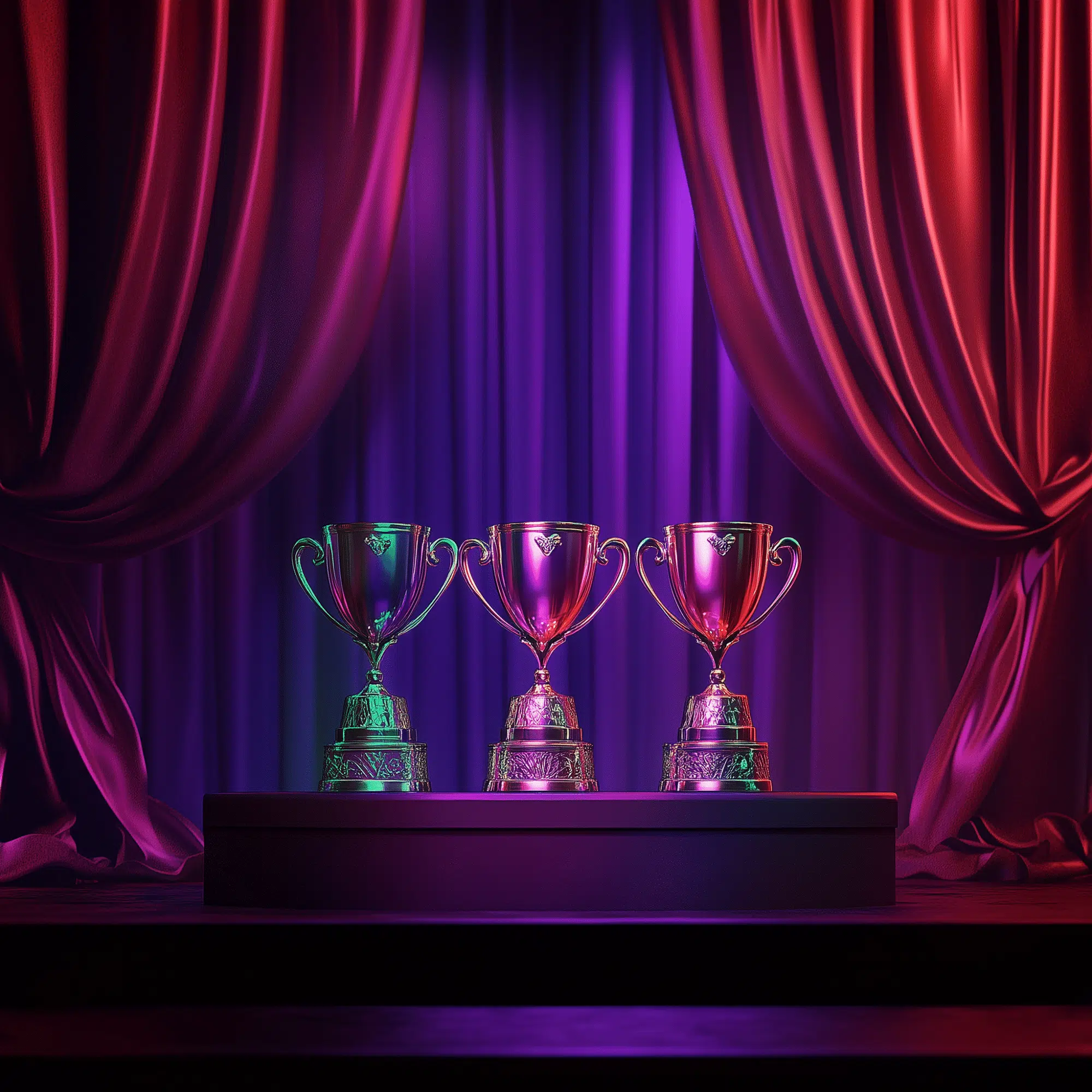 Een afbeelding voor de blog met tips om je social media te boosten die toont een podium met drie bekers in het midden, omgeven door weelderige rode gordijnen aan de zijkanten en een kleurrijke, paarse achtergrond. De bekers glanzen in het licht en hebben een elegante uitstraling, wat de setting een feestelijke en ceremoniële sfeer geeft.