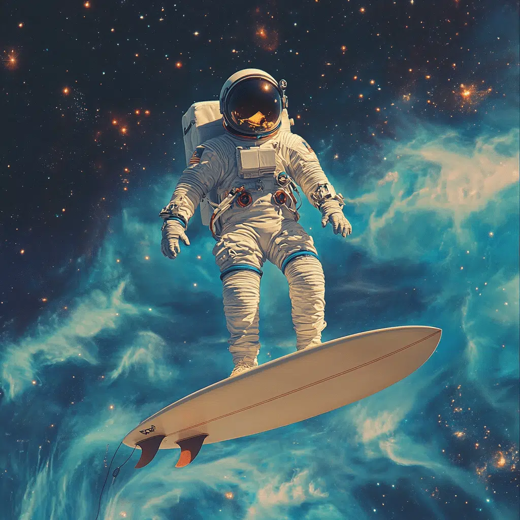 Astronaut in ruimtepak surft op een surfboard door de ruimte tussen sterren en nevels — illustratie bij Graviteit's kosmische