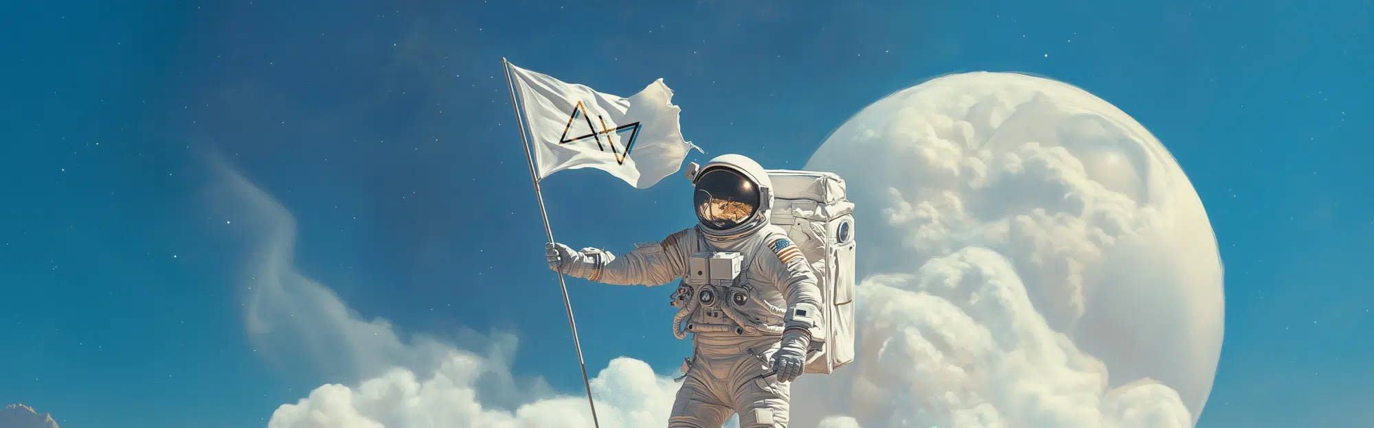 Astronaut plant een witte vlag met het Graviteit-logo op een kosmisch landschap, symbool voor online merkpositionering en dig