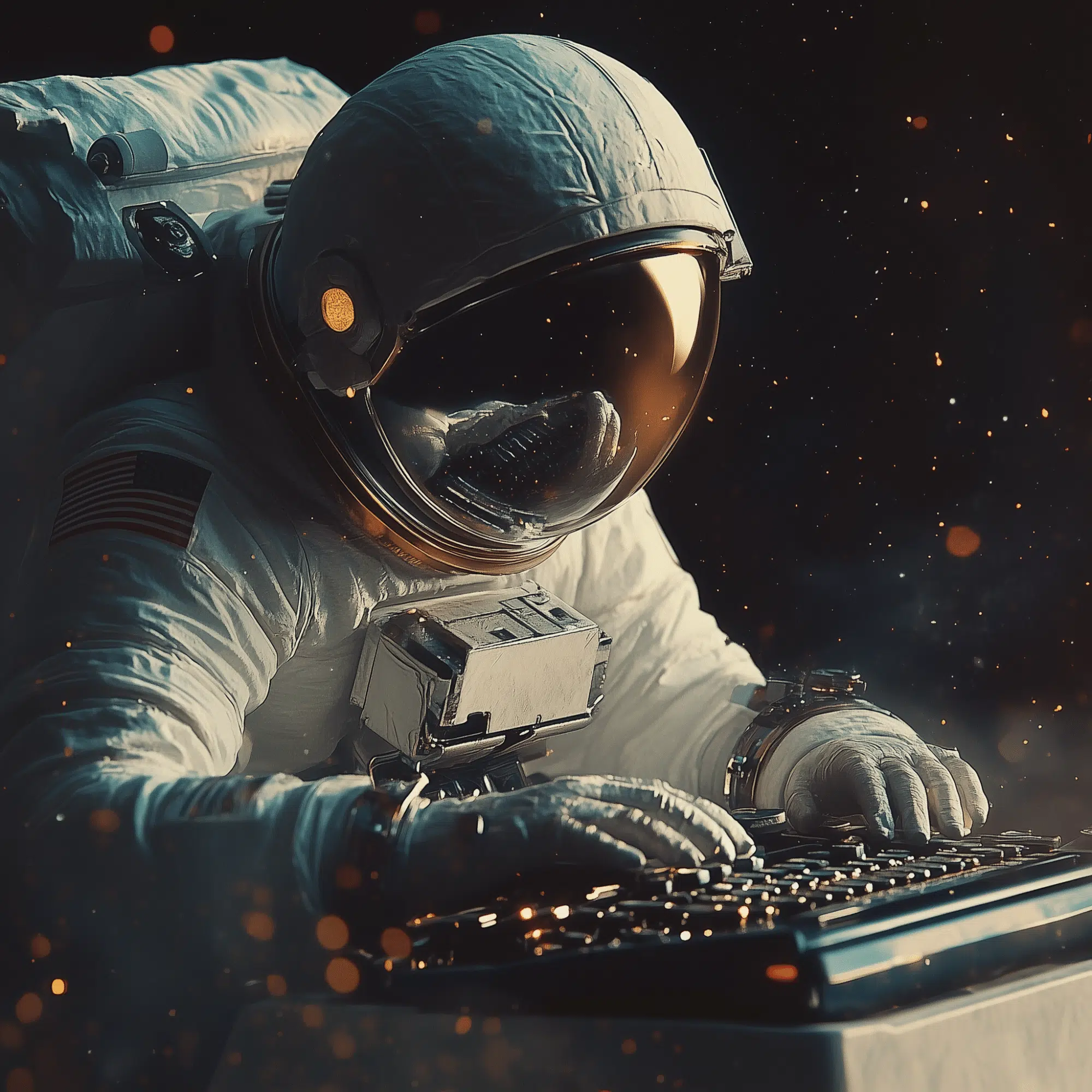 Astronaut in ruimtepak typt op een toetsenbord in de ruimte – symbool voor creatieve digitale communicatie bij Graviteit