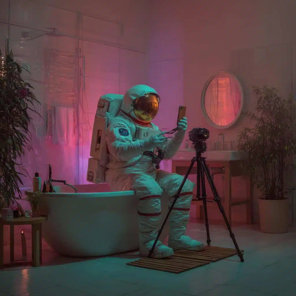 Influencer marketing - begeleidend beeld astronaut op gsm maakt content in de badkamer
