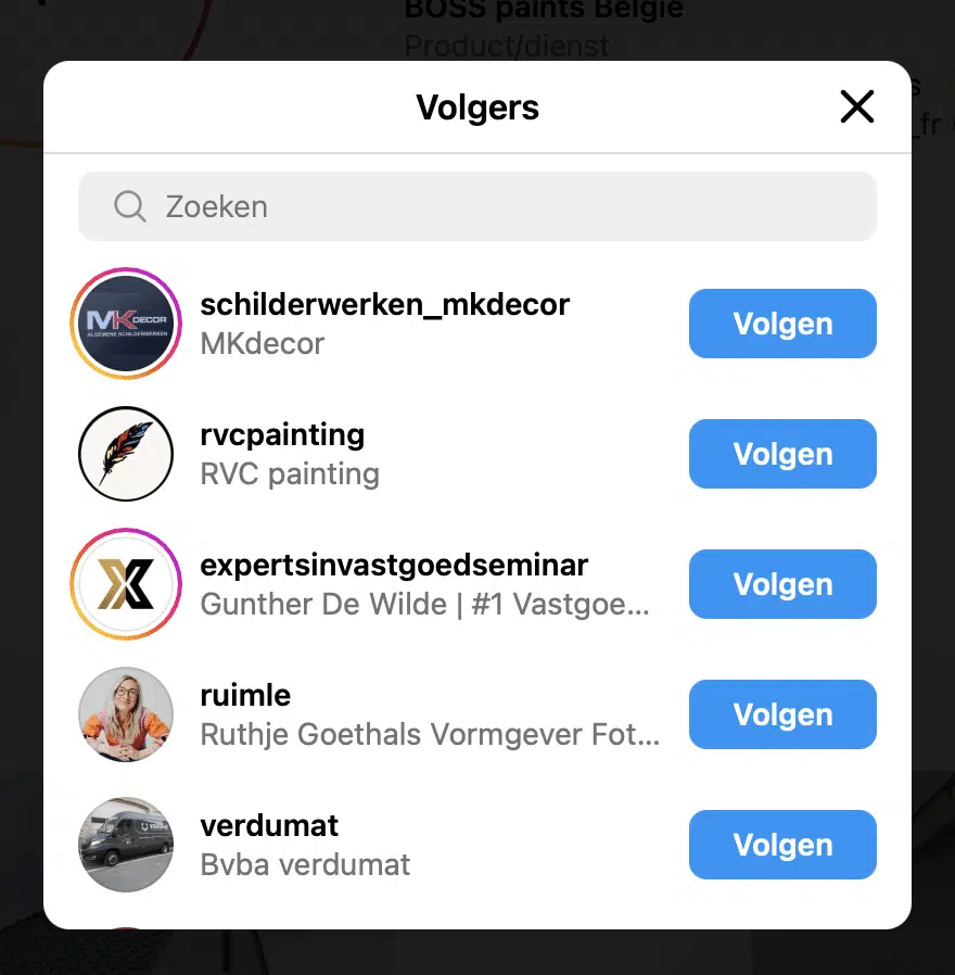 Instagram volgers overzicht scherm met lijst van accounts om te volgen inclusief profielfoto's en volg-knoppen