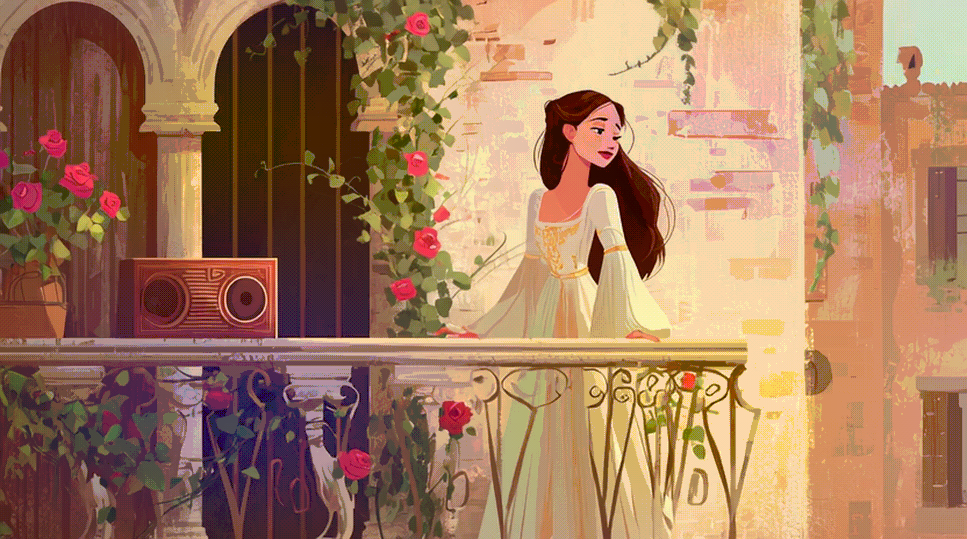 Illustratie van een vrouw in witte jurk op een balkon met rozen, verwijzend naar Romeo en Julia verhaal
