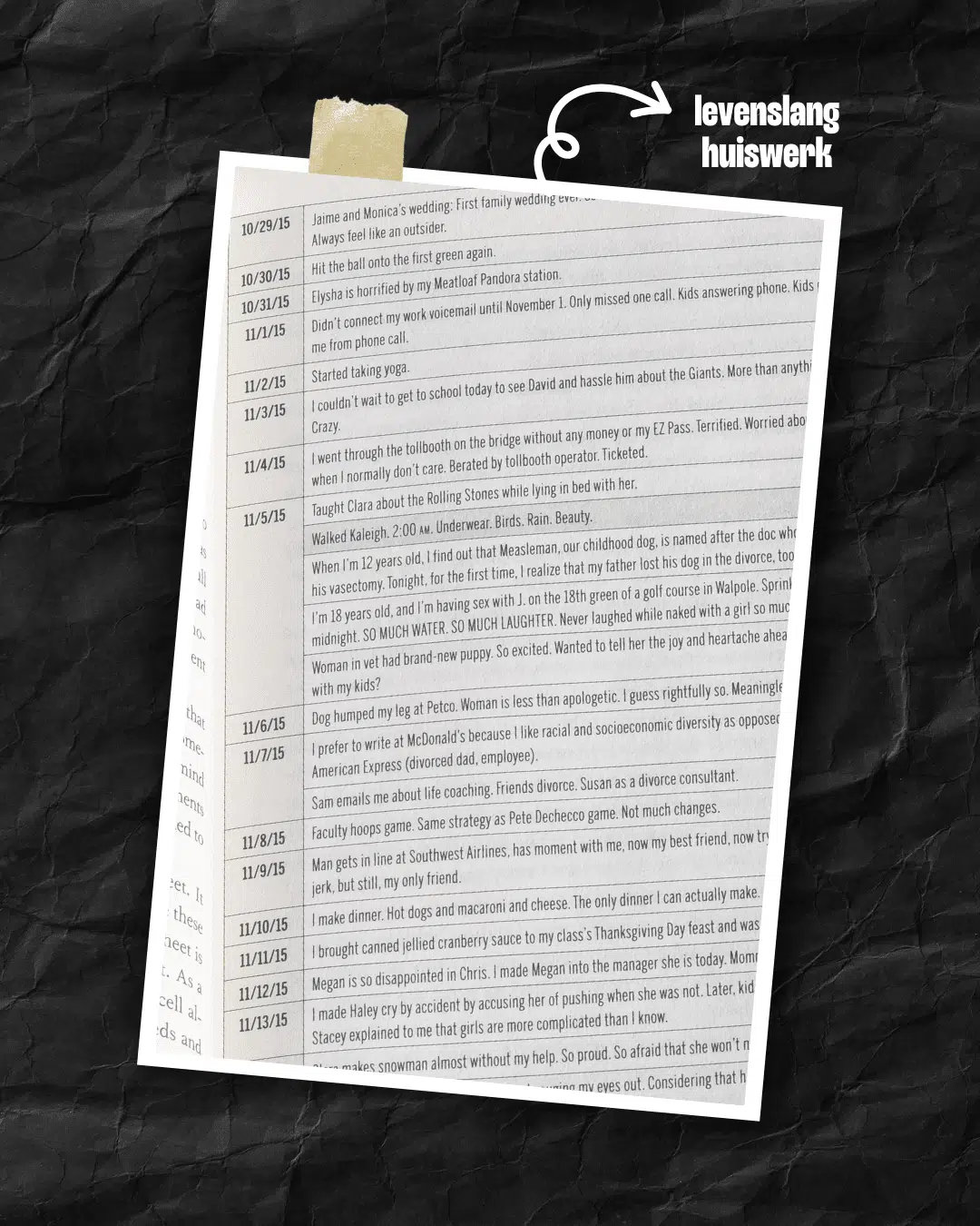Handgeschreven dagboekpagina met persoonlijke notities en data, toont storytelling en levenslang huiswerk