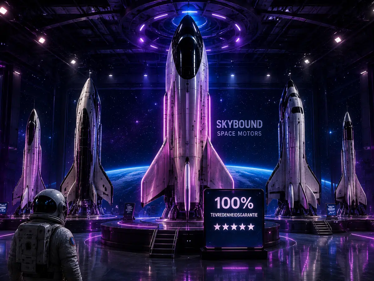 Futuristische ruimtehangaar met vijf witte raketten, paarse verlichting en "Skybound Space Motors" logo met 100% tevredenheid