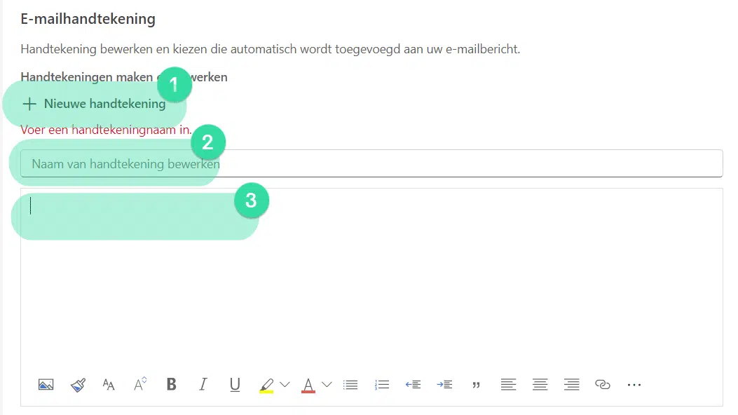 Screenshot met highlight om aan te duiden waar de instructies voor het instellen van een mailhandtekening in Outlook online moeten toegepast worden.