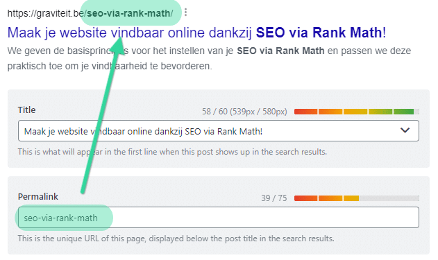 Om SEO via Rank Math uit te voeren zien we op deze screenshot hoe we in Rank Math de permalink kunnen aanpassen en welk effect dit heeft.