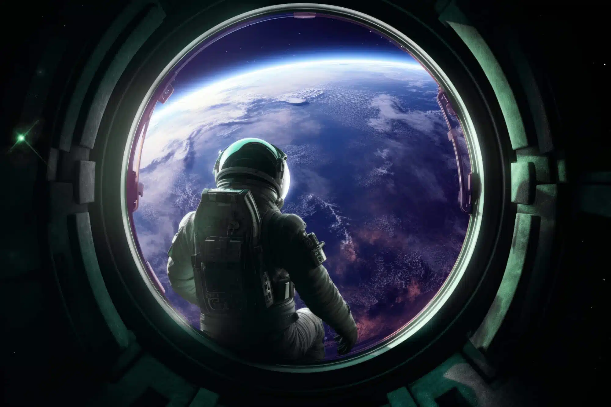 Door een cirkelvormig raam zien we een astronaut peinzend over de wereld uitkijken, op zoek naar tips voor een goede vindbaarheid van hun website op Google en andere zoekmachines.