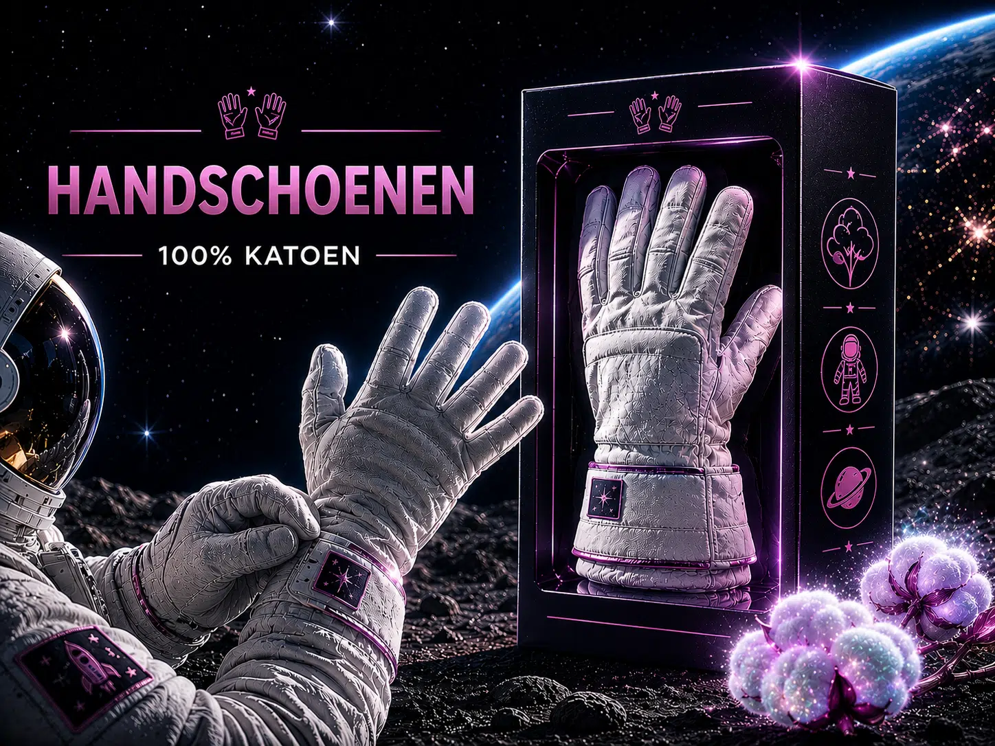 Futuristische handschoenen in ruimte-omgeving met productdoos, 100% katoen handschoenen met paarse accenten en sterren op ach