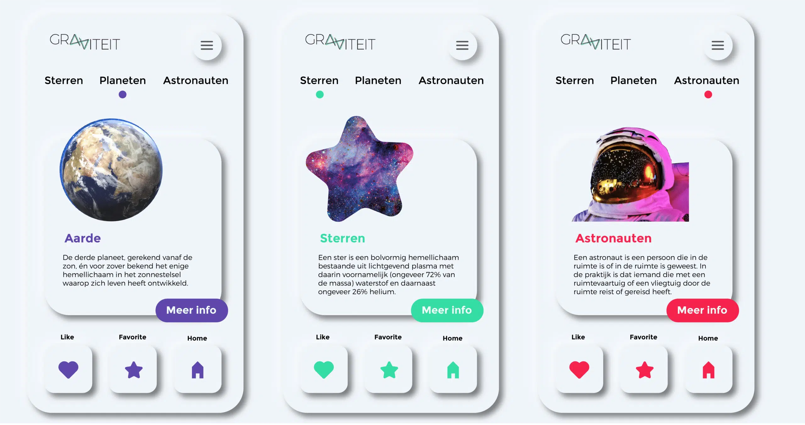 Drie smartphone-app schermen naast elkaar, met informatie over de aarde, sterren en astronauten, elk met een afbeelding en interactieknoppen onderaan.