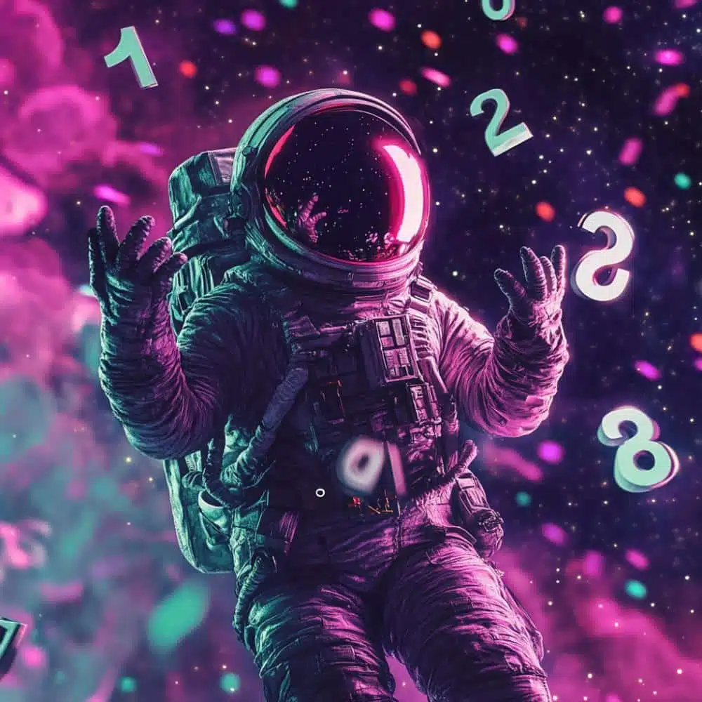 Astronaut in een kleurrijke ruimte met cijfers, terwijl hij kiest tussen tools zoals Consent Mode V2, Plausible of Burst voor website-analyse.