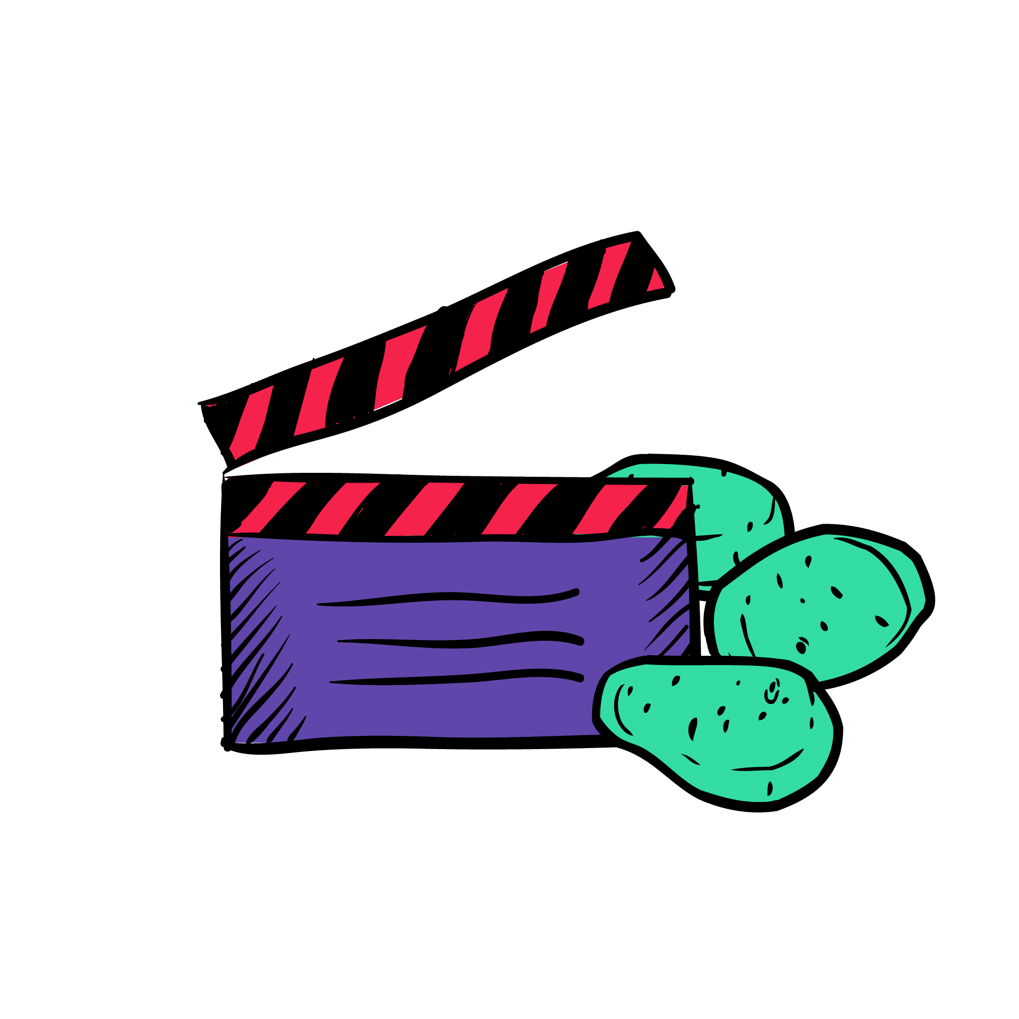 Illustratie van filmklapper en chips: Een abstracte illustratie van een filmklapper met een paar groene chips ernaast.