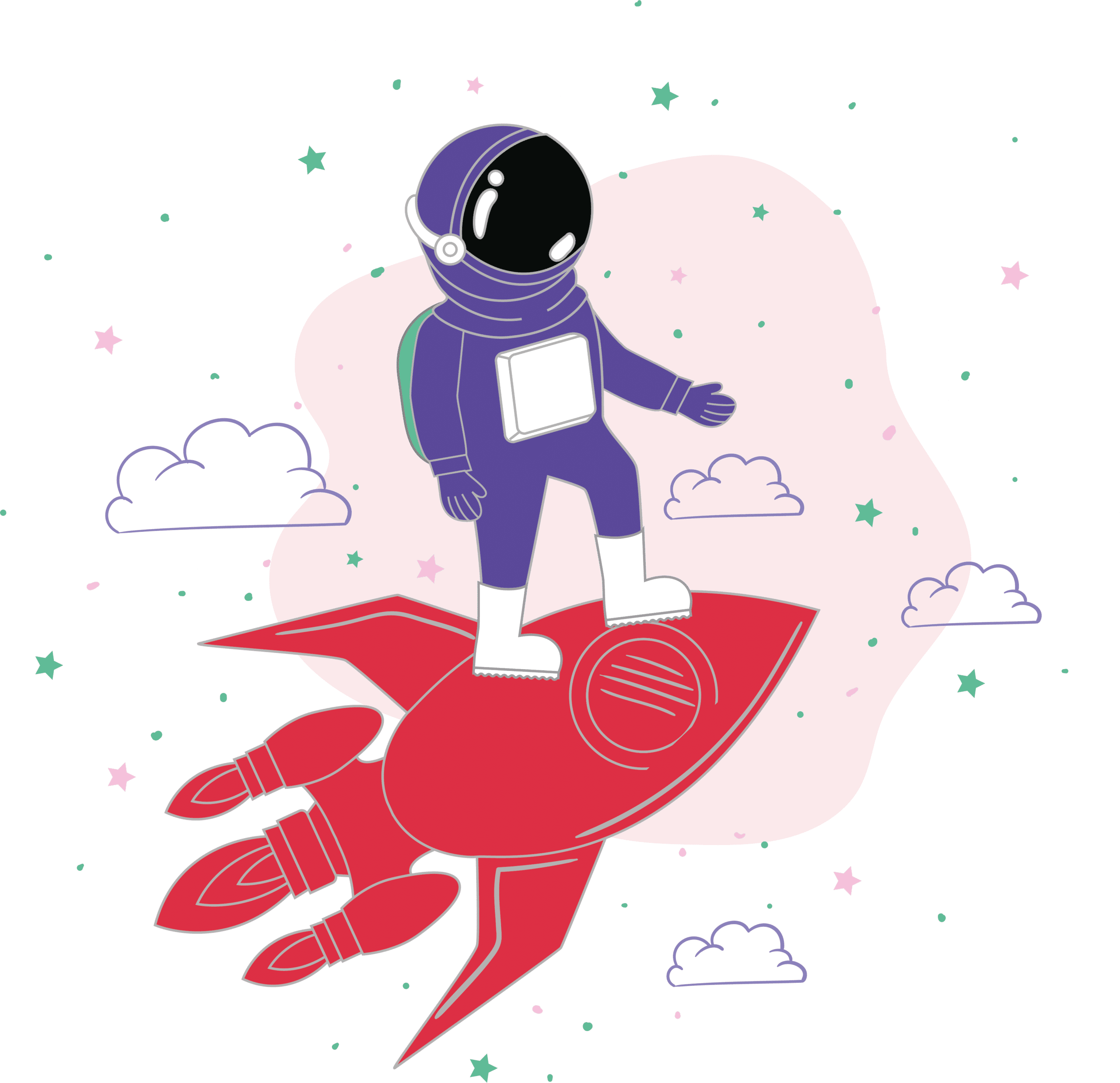 Illustratie van een astronaut staand op een rode raket in de ruimte, omringd door wolken en sterren