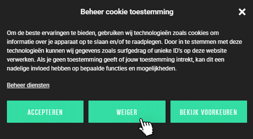 Een cursor die zweeft boven de knop om websitecookies te weigeren, wat website-statistieken via Google Analytics niet ten goede komt.
