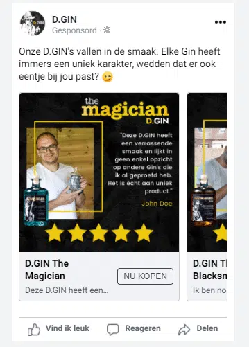 Afbeelding van een Facebook-advertentie voor D.GIN met de titel "The Magician". De advertentie bevat een foto van een man met een bril die een glas gin vasthoudt, naast een fles gin. Bovenaan staat de tekst "Onze D.GIN's vallen in de smaak. Elke Gin heeft immers een uniek karakter, wedden dat er ook eentje bij jou past?" De advertentie bevat ook een klantrecensie die het product prijst en een oproep tot actie met een knop "NU KOPEN". De lay-out bevat een aantal sterren, wat waarschijnlijk een beoordeling weergeeft.