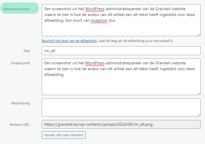 Een screenshot uit het WordPress-administratiepaneel van de Graviteit-website waarin te zien is hoe de auteur van dit artikel een alt-tekst heeft ingesteld voor deze afbeelding. Een soort van inception dus.