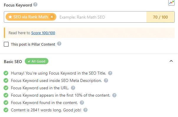 Stel een focus keyword in in Rank Math en doe je voordeel met de verschillende automatische controles.