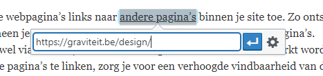 Een screenshot van het administratiepaneel van deze website waarin te zien is hoe we een link ingesteld hebben naar een andere pagina binnen deze website.