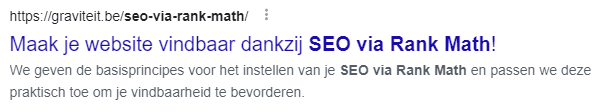 Een screenshot van hoe een resultaat in een zoekmachine eruit kan zien, met nadruk op het ingestelde focus keyword.