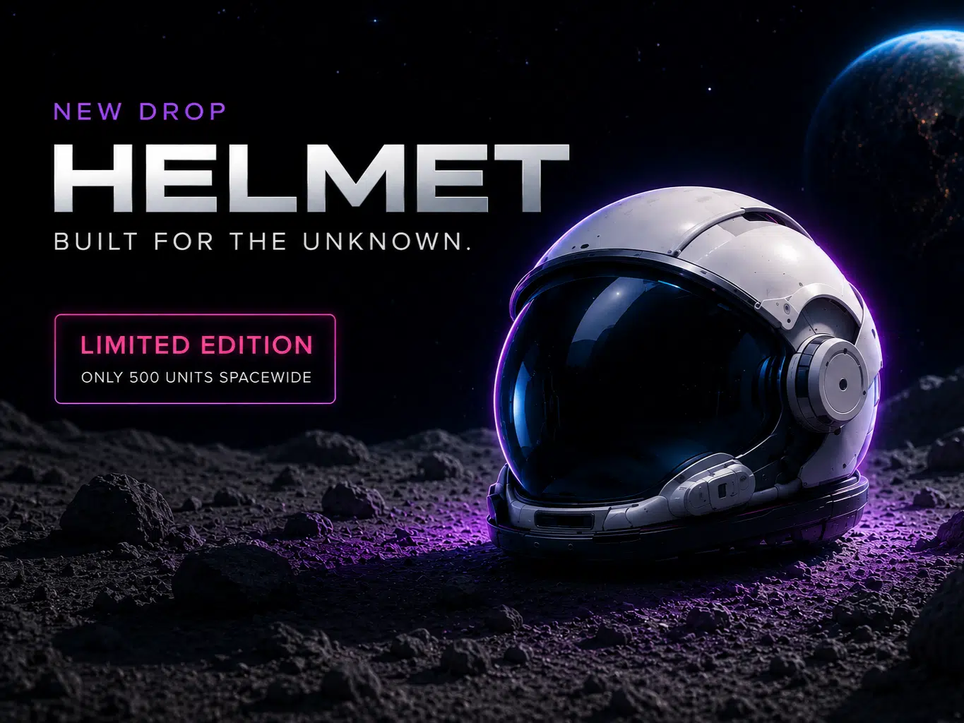 Futuristische astronautenhelm op maanoppervlak met tekst "NEW DROP HELMET - LIMITED EDITION - ONLY 500 UNITS SPACEWIDE"