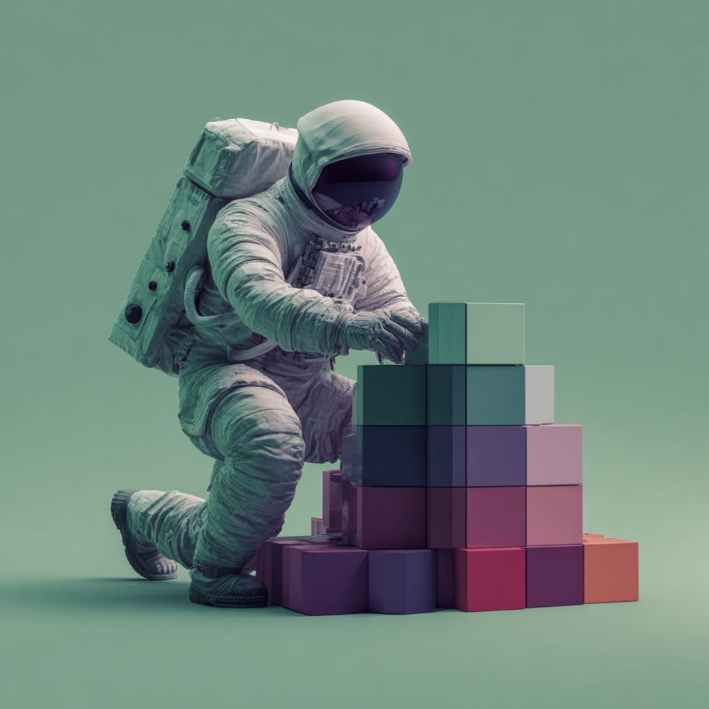 Astronaut bouwt structuur met blokken als metafoor voor schema templates