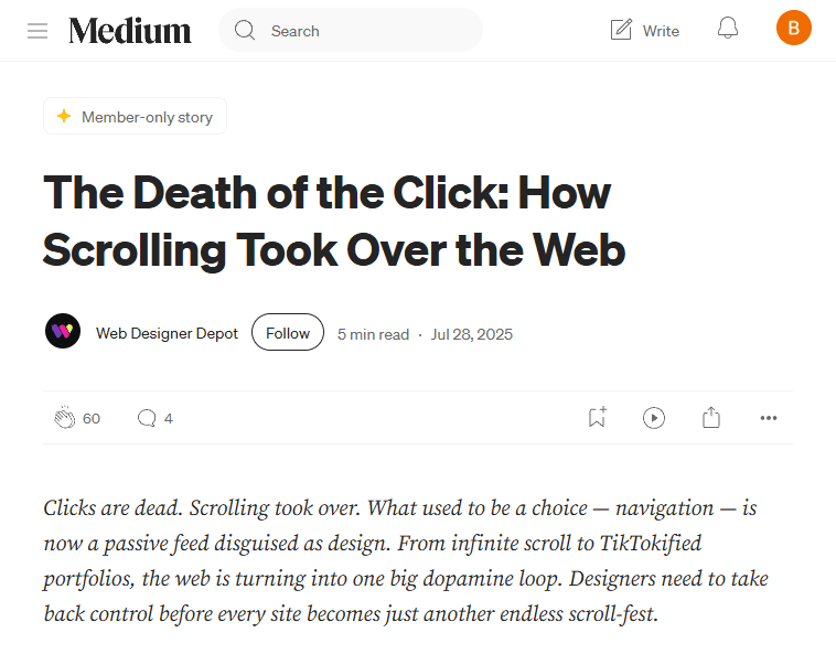 Screenshot van Medium artikel "The Death of the Click: How Scrolling Took Over the Web" door Web Designer Depot
