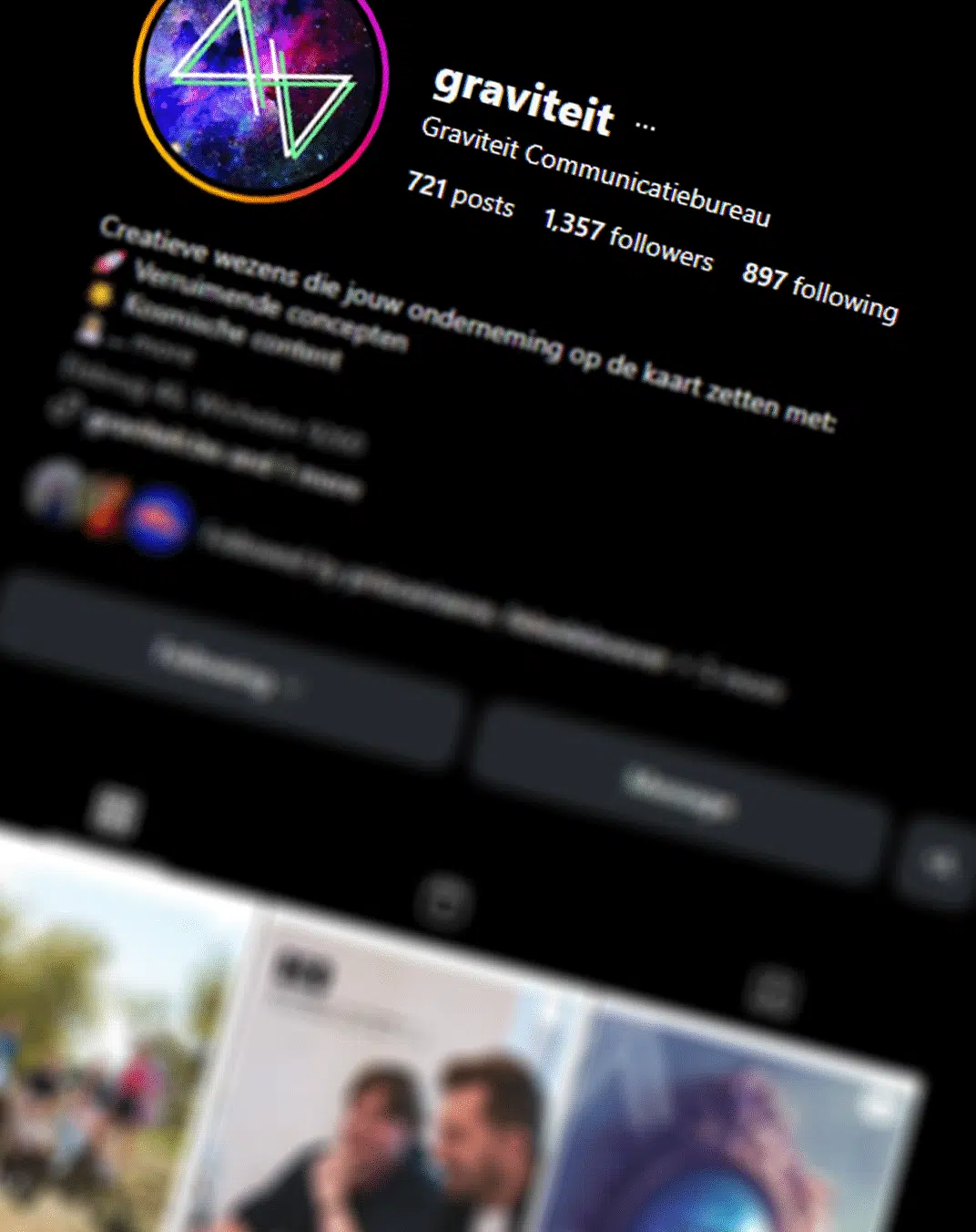 Instagram profiel van Graviteit Communicatiebureau met 721 posts, 1,357 volgers en kleurrijk logo