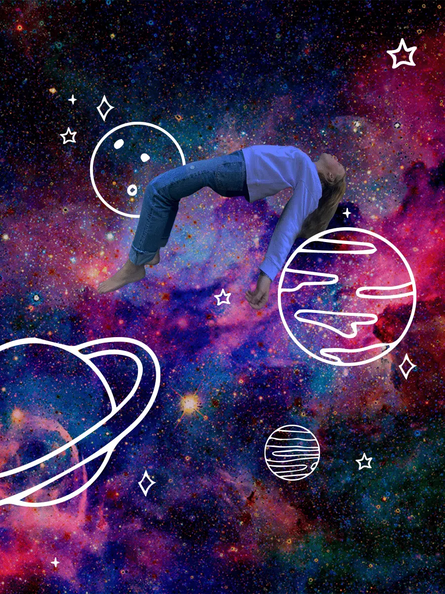 Illustratie van een sterrenstelsel met planeten en sterren, waarin stagiair Julie zweeft.