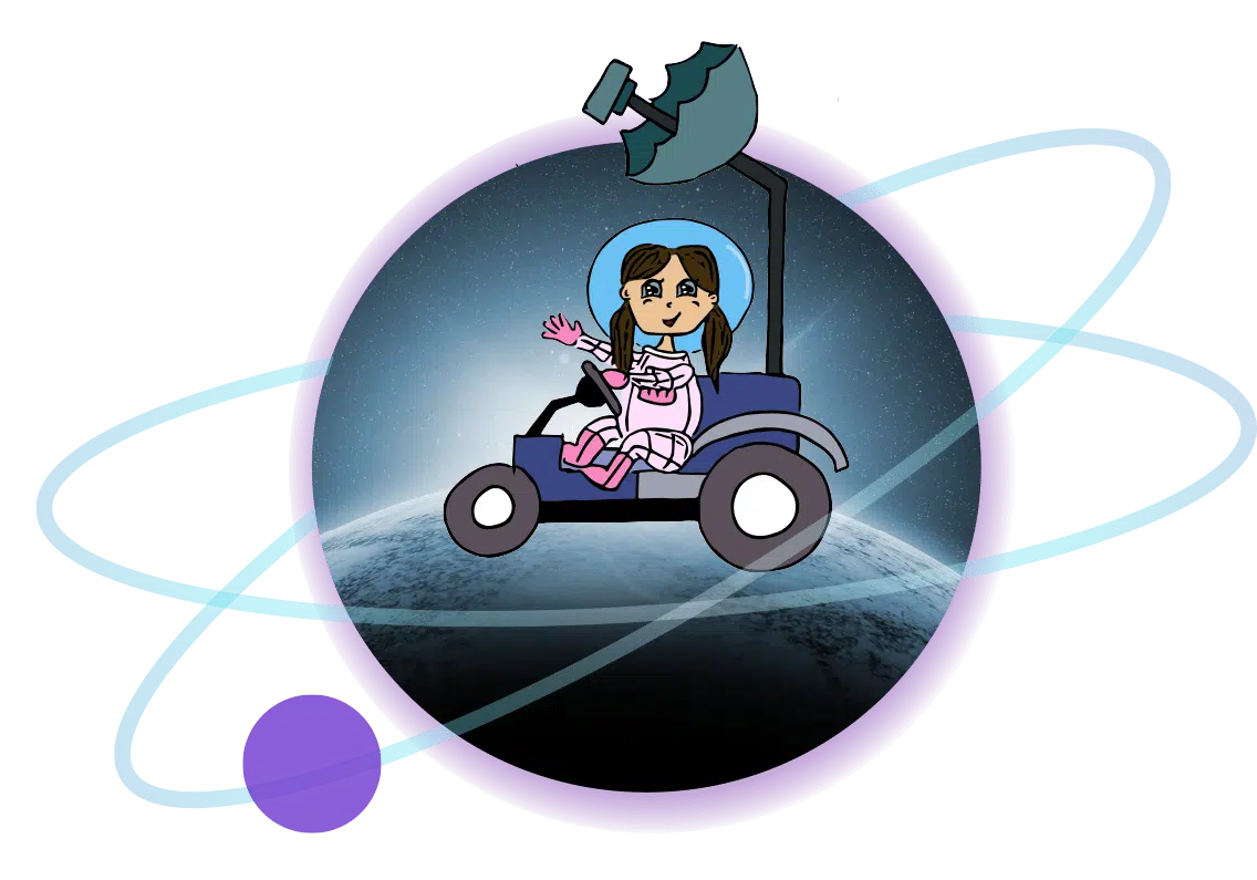 Illustratie van hetzelfde meisje in een roze ruimtepak, rijdend op een maanbuggy met een antenne, met een planeet in de achtergrond. Voor Febe haar stageblog in Bedrijfscommunicatie.