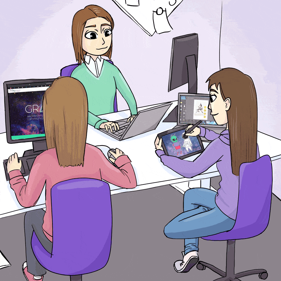 Er is een kantoorruimte te zien waarbij 3 vrouwen aan de tafel zitten te werken. Iemand is schetsen aan het maken op een tablet en iemand is door de website van Graviteit aan het scrollen.