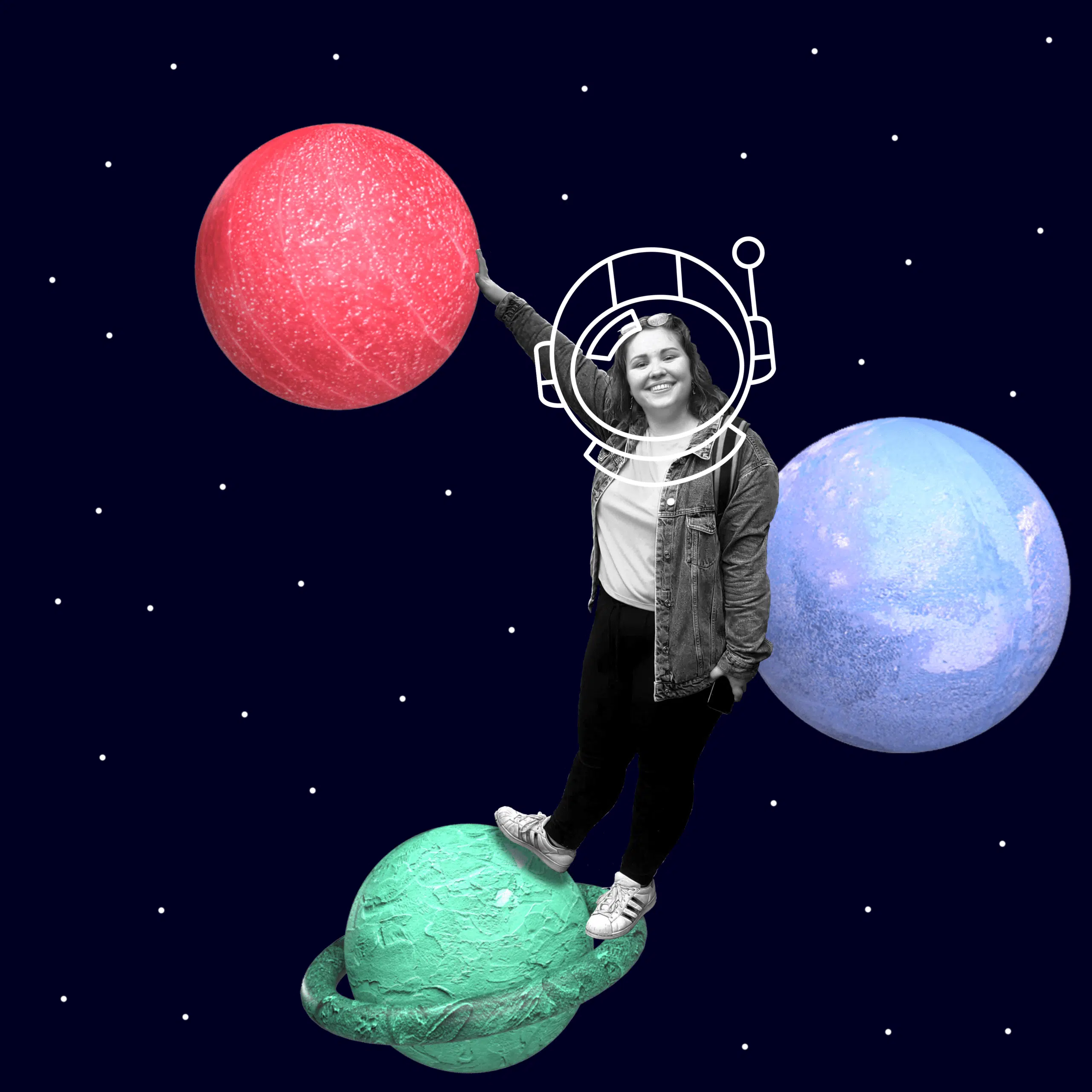 Stagiair Tess webdesign staande op een planeet terwijl ze een rode planeet aanraakt, tegen een sterrenachtergrond.