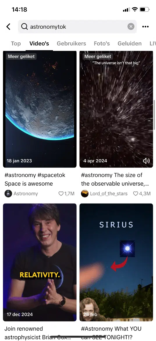 TikTok-video's met #astronomytok en #spacetok - voorbeeld van slimme hashtag hacks binnen nichecommunity's op sociale media.