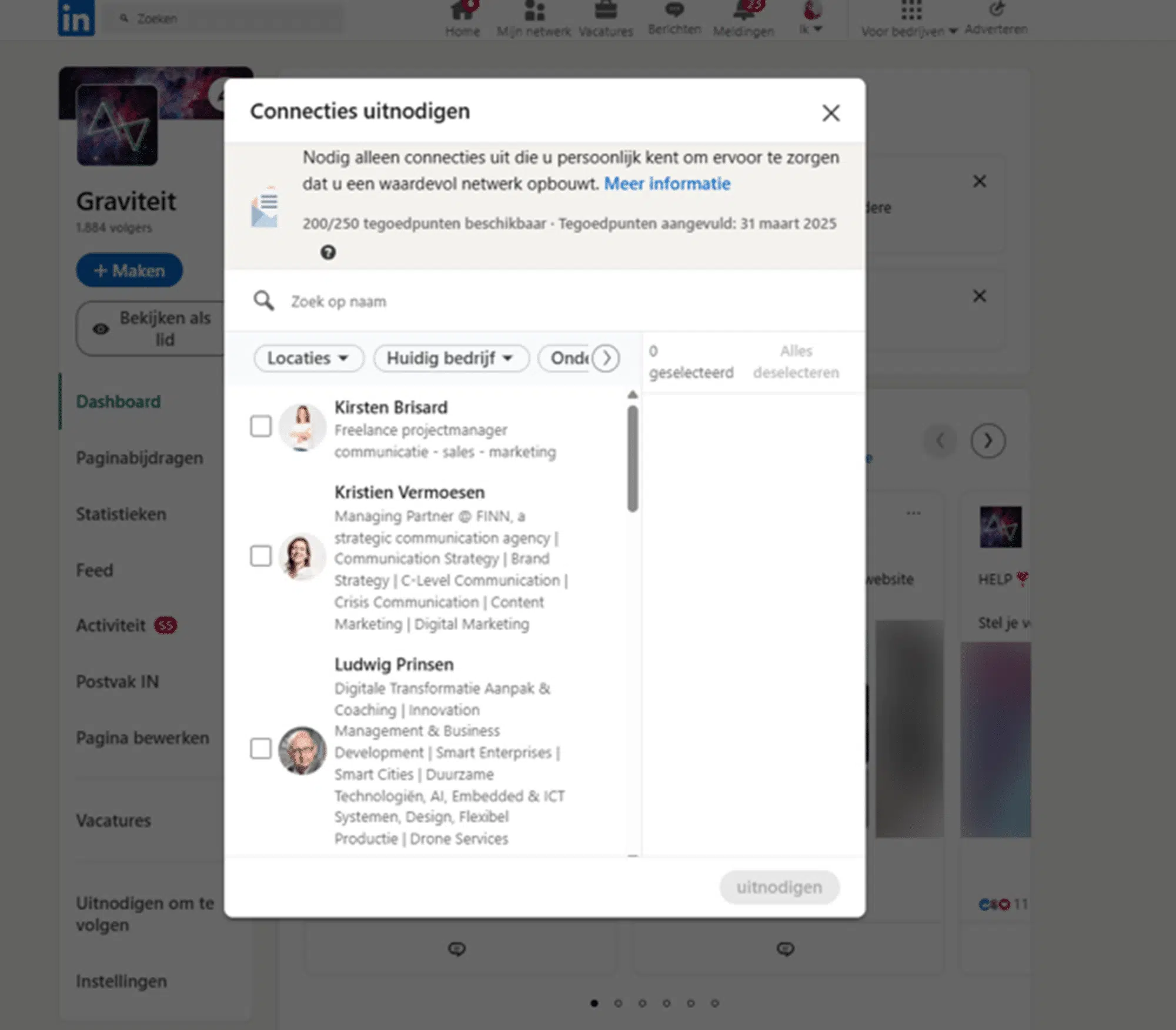LinkedIn connecties uitnodigen interface met gebruikersprofielen en zoekfunctie voor netwerkuitbreiding