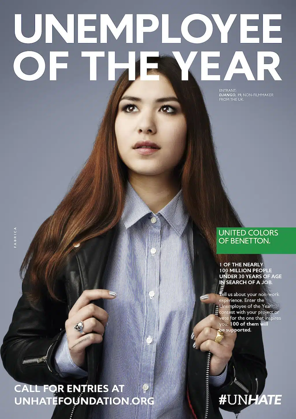Benetton Unemployee of the Year Campagne: Een advertentie voor Benetton’s “Unemployee of the Year” campagne, met een jonge vrouw en een boodschap over jeugdwerkloosheid en sociale inclusie.