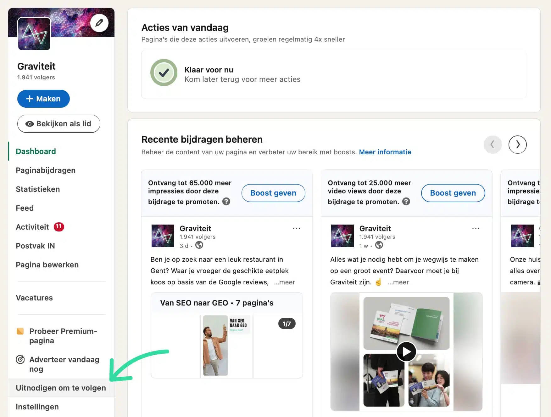 Facebook business dashboard interface showing follower growth metrics and boost promotion options
