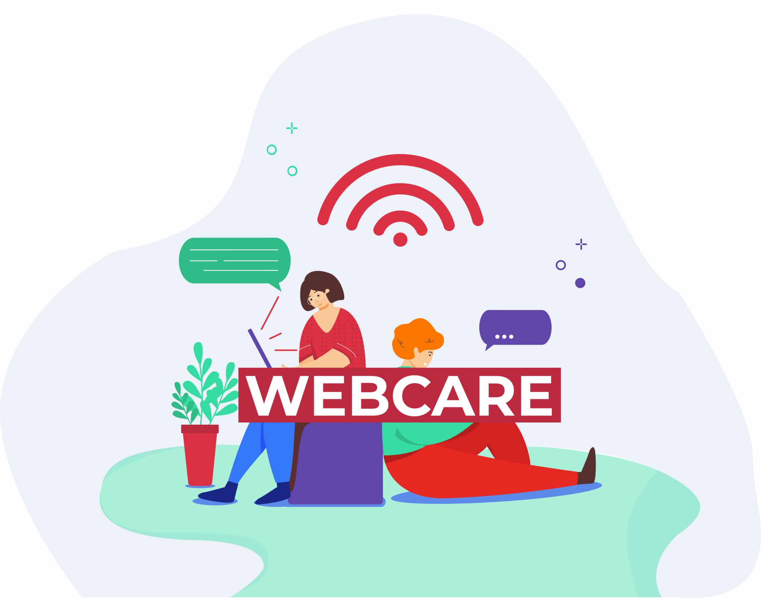 Een illustratie van twee mensen die op een groene ondergrond zitten, elk bezig met hun digitale apparaten. Boven hen staat de tekst "Webcare" met een wifi-symbool, wat wijst op online communicatie en ondersteuning.