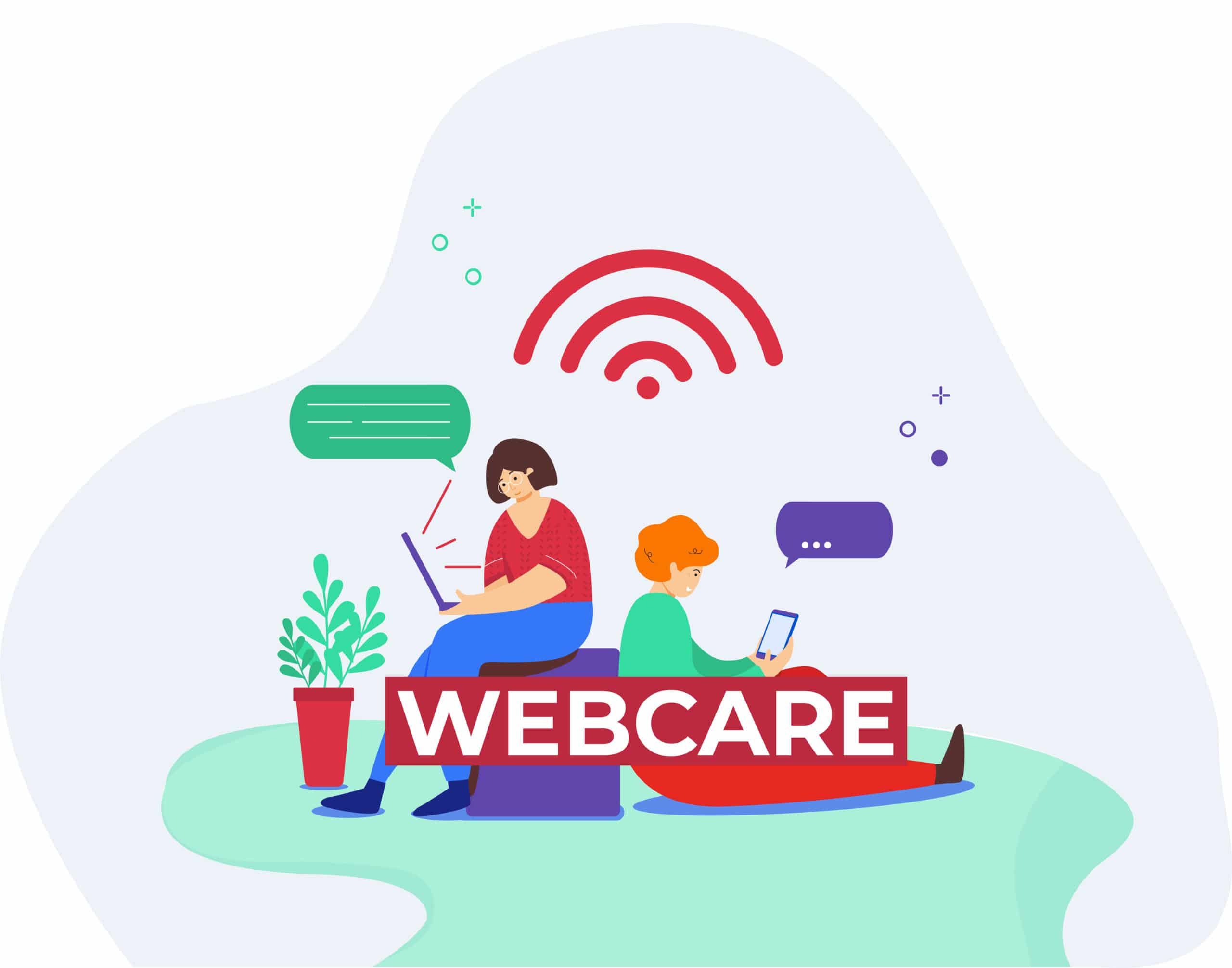 Een illustratie van twee mensen die op een groene ondergrond zitten, elk bezig met hun digitale apparaten. Boven hen staat de tekst "Webcare" met een wifi-symbool, wat wijst op online communicatie en ondersteuning.