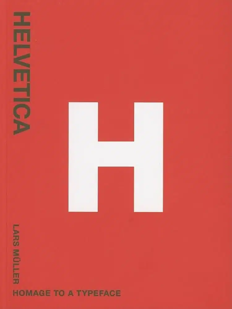 Boek 'Helvetica: Homage to a Typeface' van Lars Müller, rode cover met grote witte letter H in Helvetica-lettertype