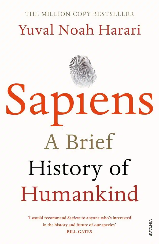 Boekcover van 'Sapiens: A Brief History of Humankind' door Yuval Noah Harari, met een vingerafdruk als centraal beeld