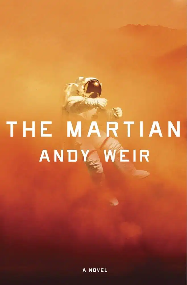 Boekomslag van 'The Martian' door Andy Weir: astronaut in ruimtepak drijft in oranje Martiaanse atmosfeer